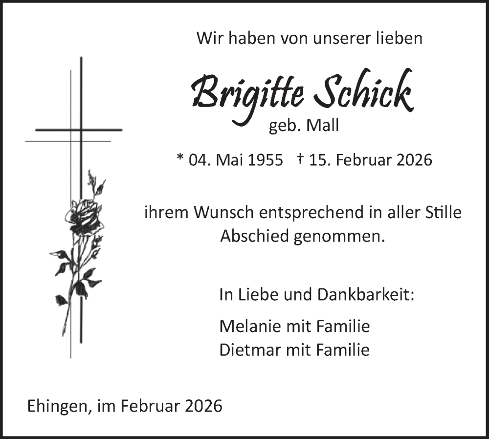  Traueranzeige für Brigitte Schick vom 25.02.2026 aus Ehinger Tagblatt