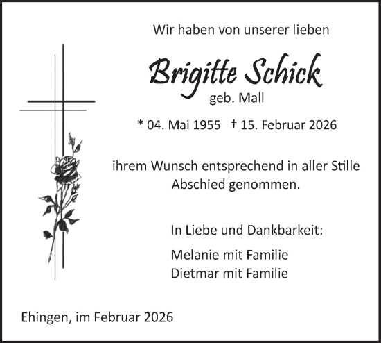 Traueranzeige von Brigitte Schick von Ehinger Tagblatt