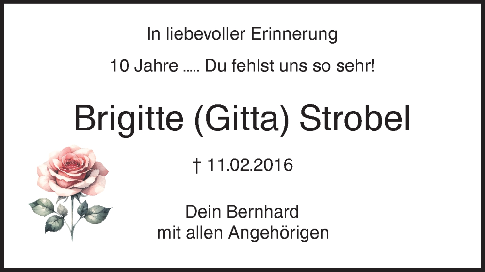  Traueranzeige für Brigitte Strobel vom 11.02.2026 aus SÜDWEST PRESSE Ausgabe Ulm/Neu-Ulm/Ehingen