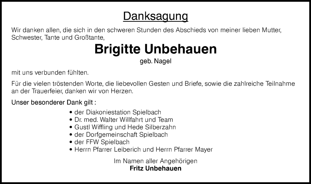  Traueranzeige für Brigitte Unbehauen vom 07.02.2026 aus Hohenloher Tagblatt