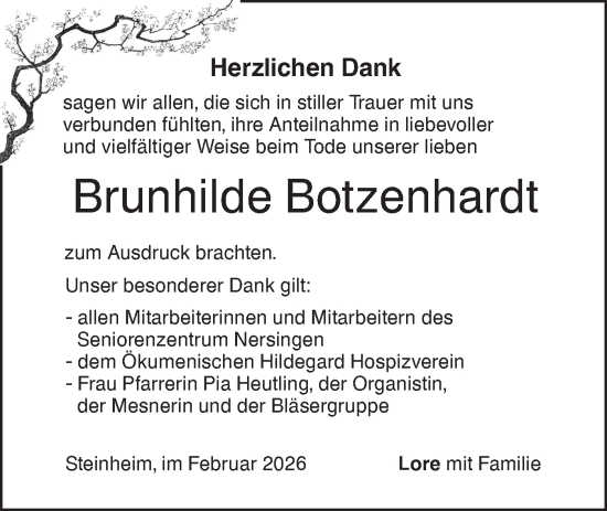 Traueranzeige von Brunhilde Botzenhardt von SÜDWEST PRESSE Ausgabe Ulm/Neu-Ulm/Ehingen