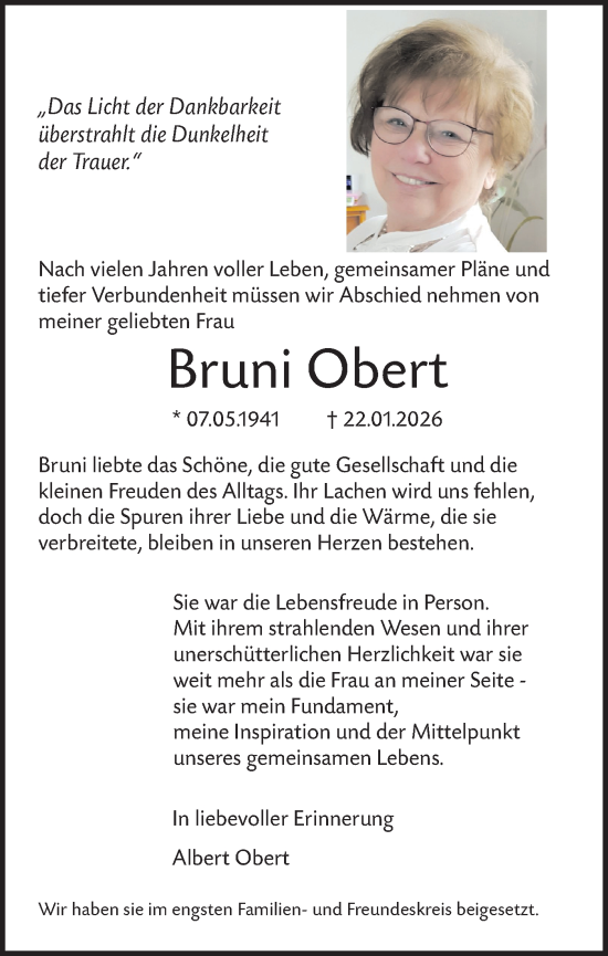 Traueranzeige von Bruni Obert von SÜDWEST PRESSE Ausgabe Ulm/Neu-Ulm/Ehingen
