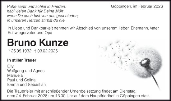 Traueranzeige von Bruno Kunze von NWZ Neue Württembergische Zeitung
