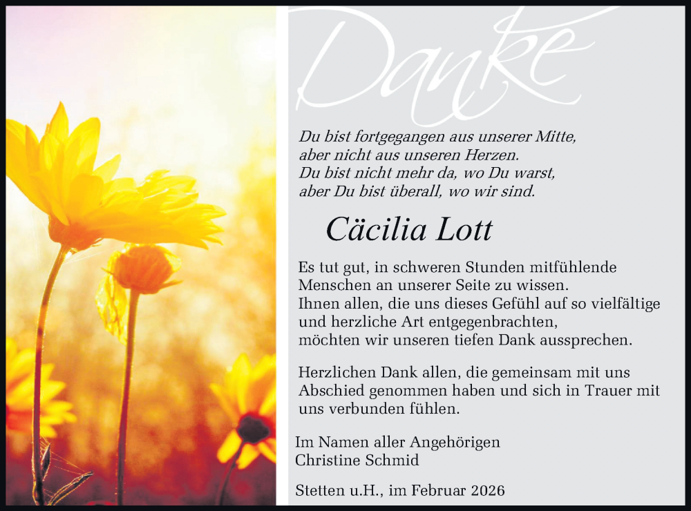  Traueranzeige für Cäcilia Lott vom 05.02.2026 aus SÜDWEST PRESSE Zollernalbkreis