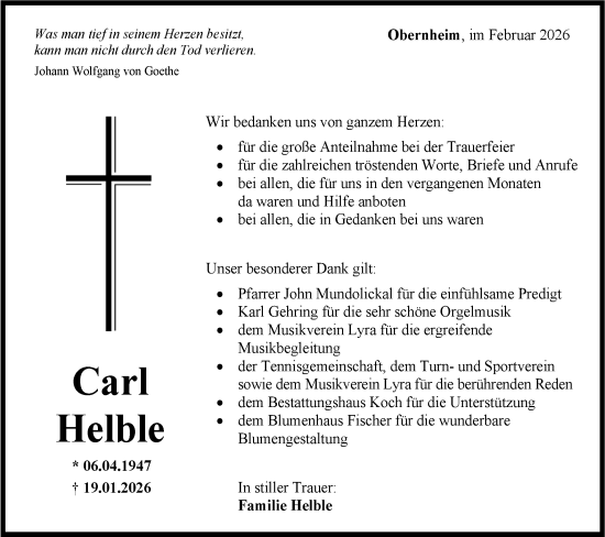 Traueranzeige von Carl Helble von SÜDWEST PRESSE Zollernalbkreis
