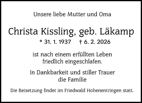 Traueranzeige von Christa Kissling von Schwäbische Tagblatt