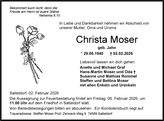 Traueranzeige von Christa Moser von Hohenloher Tagblatt/Haller Tagblatt