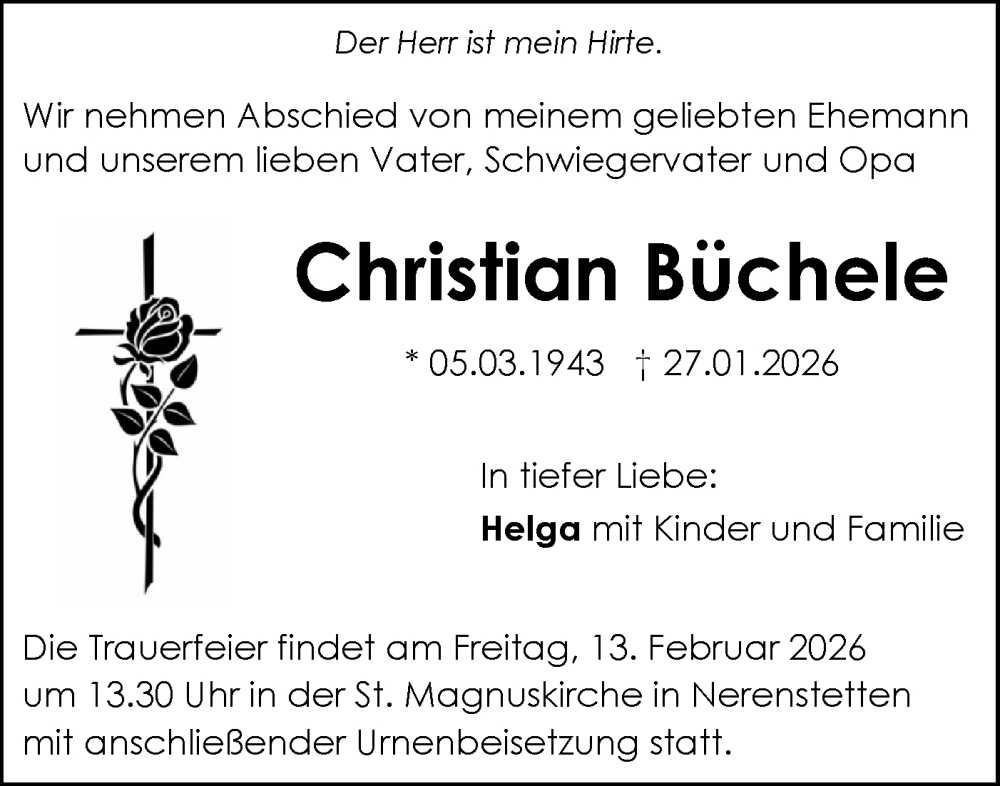  Traueranzeige für Christian Büchele vom 05.02.2026 aus Langenau aktuell