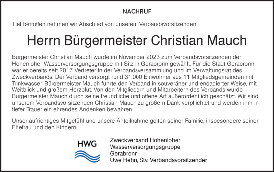 Traueranzeige von Christian Mauch von Haller Tagblatt/Hohenloher Tagblatt
