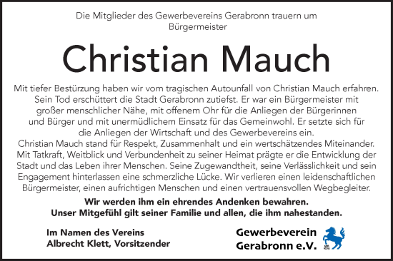 Traueranzeige von Christian Mauch von Hohenloher Tagblatt