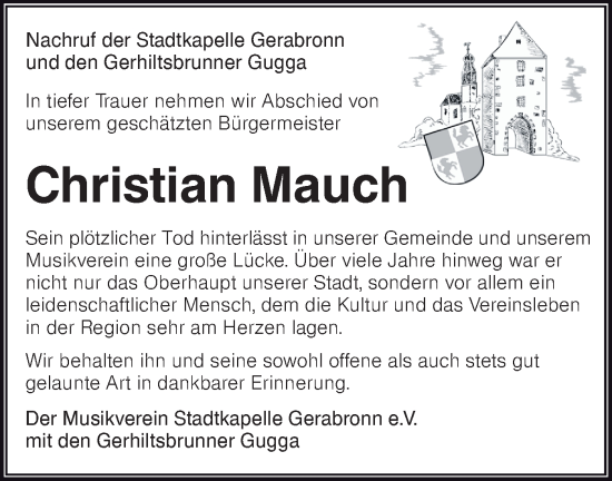 Traueranzeige von Christian Mauch von Hohenloher Tagblatt