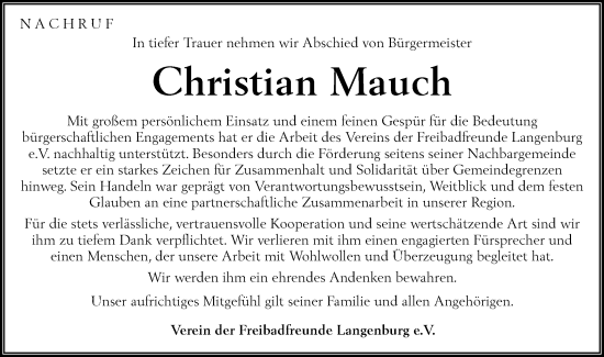 Traueranzeige von Christian Mauch von Hohenloher Tagblatt