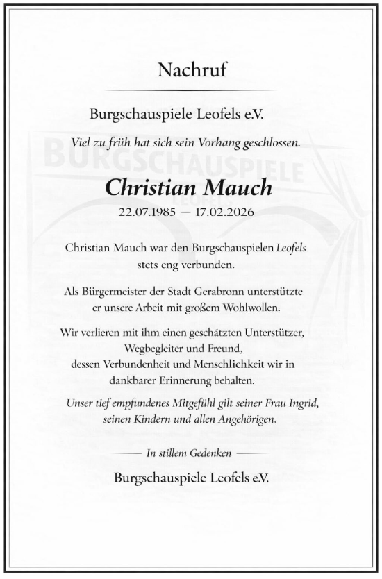 Traueranzeige von Christian Mauch von Hohenloher Tagblatt