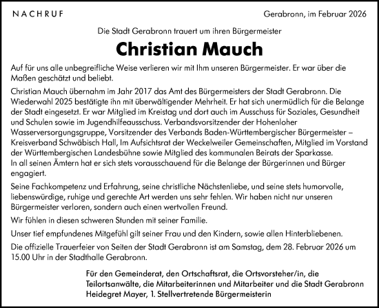 Traueranzeige von Christian Mauch von Hohenloher Tagblatt/Haller Tagblatt