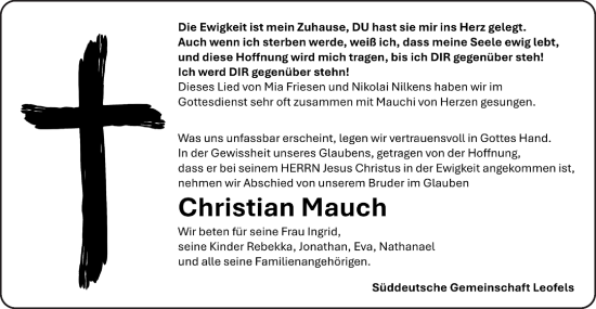 Traueranzeige von Christian Mauch von Hohenloher Tagblatt