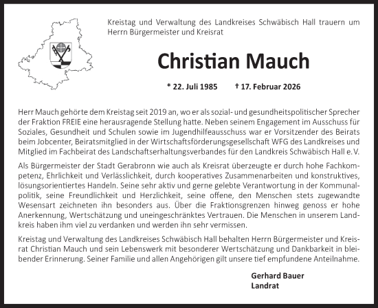 Traueranzeige von Christian Mauch von Haller Tagblatt/Rundschau Gaildorf/Hohenloher Tagblatt