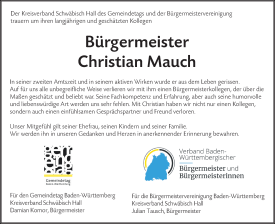 Traueranzeige von Christian Mauch von Haller Tagblatt/Rundschau Gaildorf/Hohenloher Tagblatt