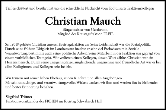 Traueranzeige von Christian Mauch von Hohenloher Tagblatt