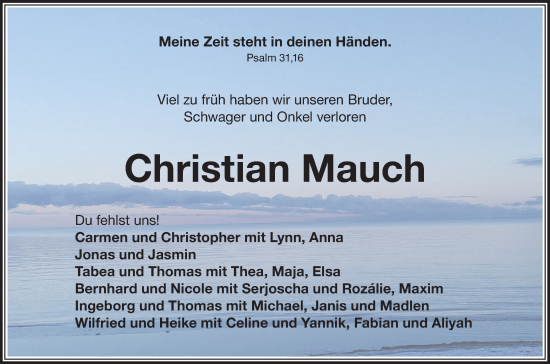 Traueranzeige von Christian Mauch von Hohenloher Tagblatt/Haller Tagblatt
