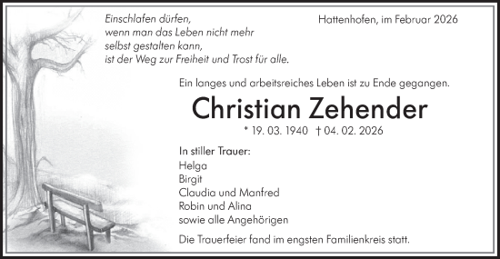 Traueranzeige von Christian Zehender von NWZ Neue Württembergische Zeitung