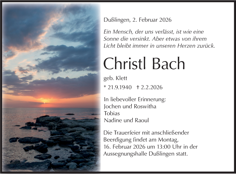  Traueranzeige für Christl Bach vom 12.02.2026 aus Schwäbische Tagblatt