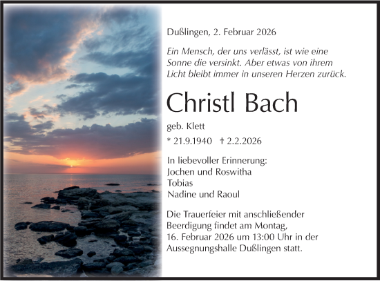 Traueranzeige von Christl Bach von Schwäbische Tagblatt
