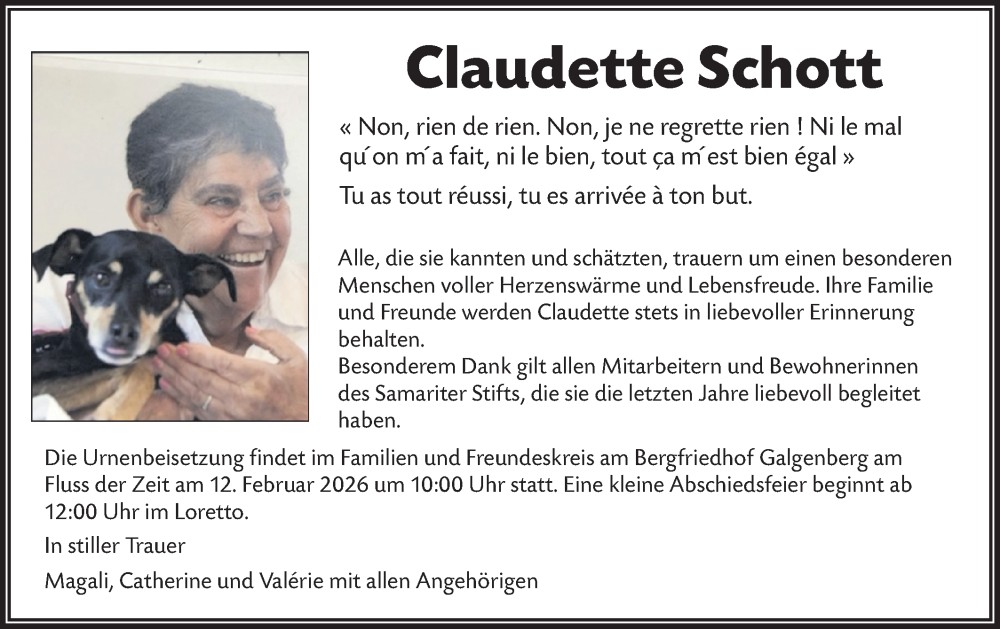  Traueranzeige für Claudette Schott vom 10.02.2026 aus Schwäbische Tagblatt