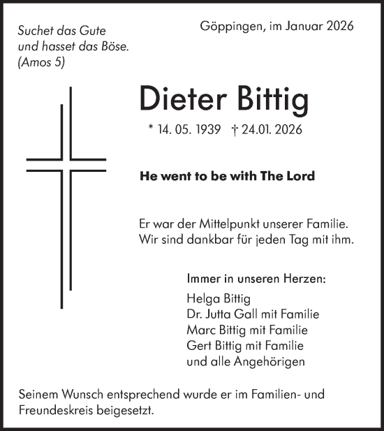 Traueranzeige von Dieter Bittig von NWZ Neue Württembergische Zeitung