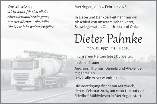 Traueranzeige von Dieter Pahnke von Alb-Bote/Metzinger-Uracher Volksblatt