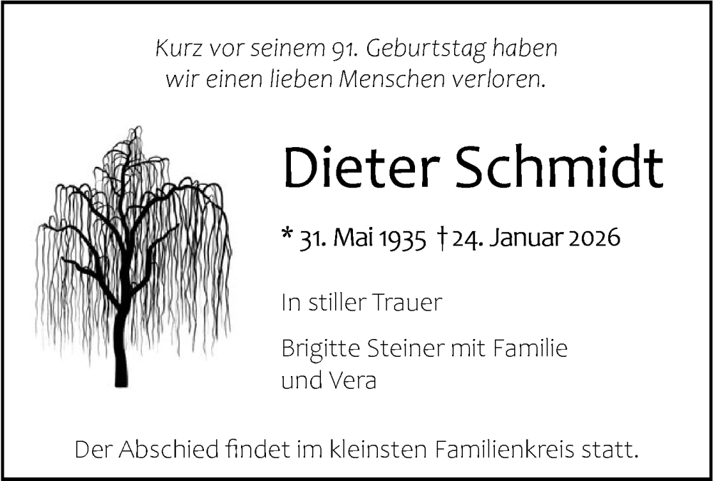  Traueranzeige für Dieter Schmidt vom 04.02.2026 aus SÜDWEST PRESSE Ausgabe Ulm/Neu-Ulm/Ehingen