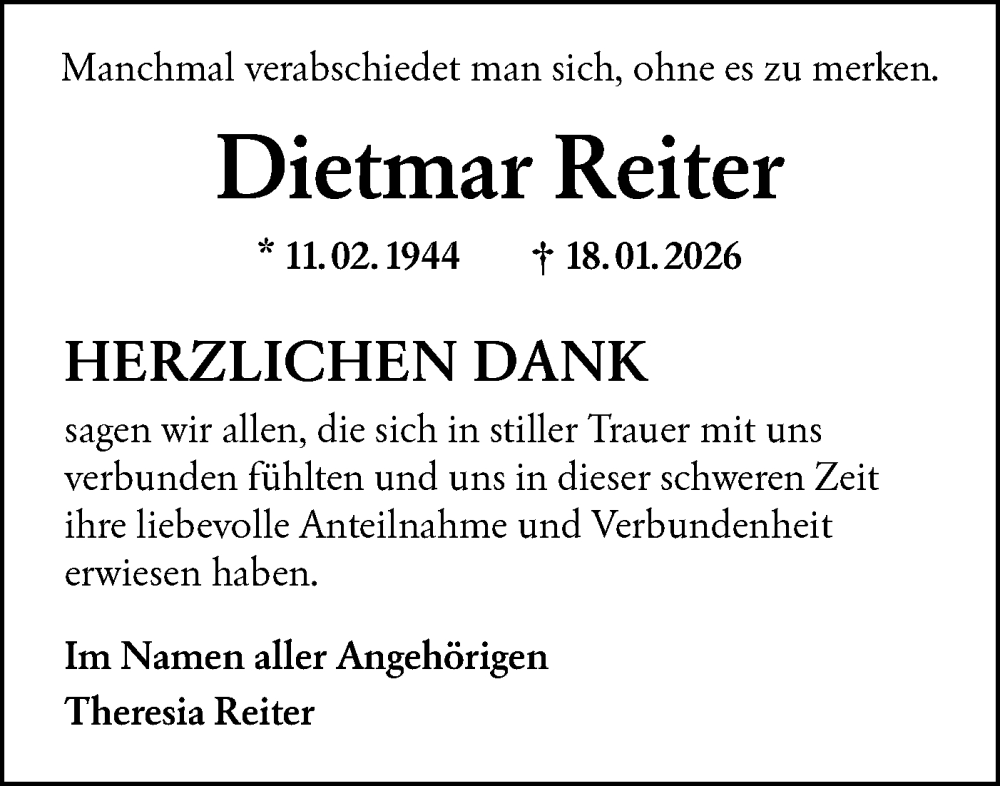  Traueranzeige für Dietmar Reiter vom 14.02.2026 aus Alb-Bote/Metzinger-Uracher Volksblatt