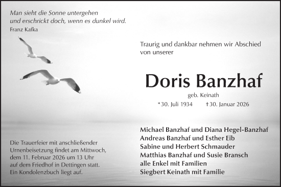 Traueranzeige von Doris Banzhaf von Alb-Bote/Metzinger-Uracher Volksblatt