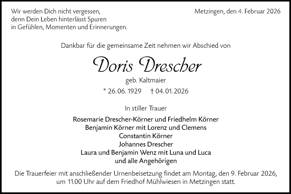  Traueranzeige für Doris Drescher vom 04.02.2026 aus Alb-Bote/Metzinger-Uracher Volksblatt