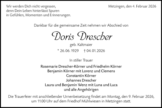 Traueranzeige von Doris Drescher von Alb-Bote/Metzinger-Uracher Volksblatt