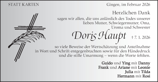 Traueranzeige von Doris Haupt von Geislinger Zeitung