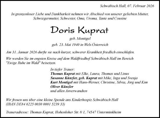 Traueranzeige von Doris Kuprat von Haller Tagblatt