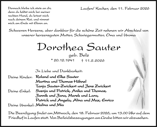 Traueranzeige von Dorothea Sauter von Rundschau Gaildorf