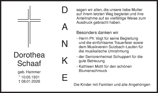 Traueranzeige von Dorothea Schaaf von Rundschau Gaildorf