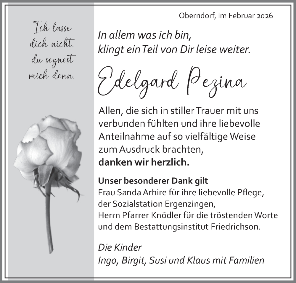  Traueranzeige für Edelgard Pezina vom 13.02.2026 aus Schwäbische Tagblatt