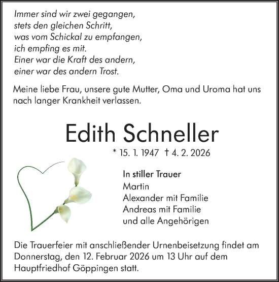 Traueranzeige von Edith Schneller von NWZ Neue Württembergische Zeitung