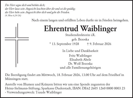 Traueranzeige von Ehrentrud Waiblinger von Alb-Bote/Metzinger-Uracher Volksblatt
