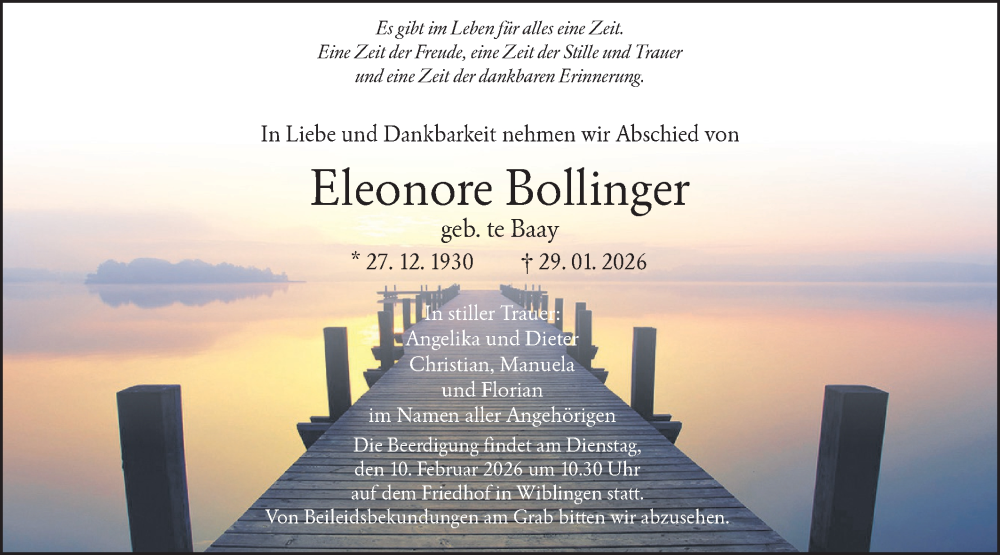  Traueranzeige für Eleonore Bollinger vom 04.02.2026 aus SÜDWEST PRESSE Ausgabe Ulm/Neu-Ulm/Ehingen