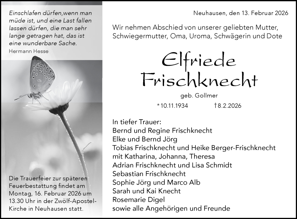  Traueranzeige für Elfriede Frischknecht vom 13.02.2026 aus Alb-Bote/Metzinger-Uracher Volksblatt