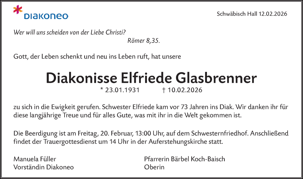  Traueranzeige für Elfriede Glasbrenner vom 14.02.2026 aus Haller Tagblatt