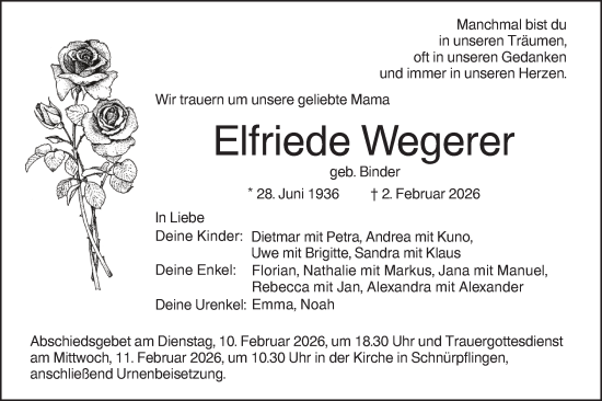 Traueranzeige von Elfriede Wegerer von SÜDWEST PRESSE Ausgabe Ulm/Neu-Ulm/Ehingen