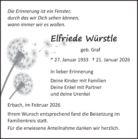 Traueranzeige von Elfriede Würstle von SÜDWEST PRESSE Ausgabe Ulm/Neu-Ulm/Ehingen