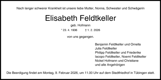 Traueranzeige von Elisabeth Feldtkeller von Schwäbische Tagblatt