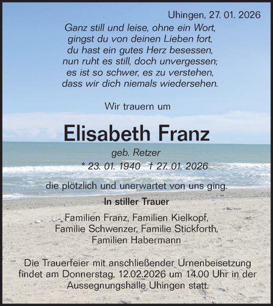 Traueranzeige von Elisabeth Franz von NWZ Neue Württembergische Zeitung