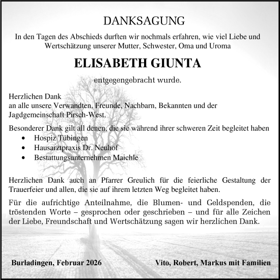 Traueranzeige von Elisabeth Giunta von SÜDWEST PRESSE Zollernalbkreis