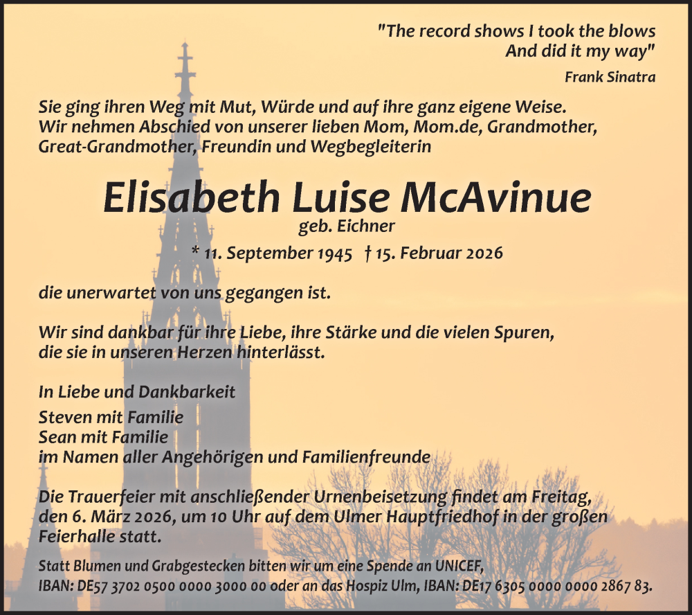  Traueranzeige für Elisabeth Luise McAvinue vom 28.02.2026 aus SÜDWEST PRESSE Ausgabe Ulm/Neu-Ulm/Ehingen